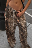 Brown Casual Graphics Print Draw String Pocket Low Waist Loose Wide Leg Pants