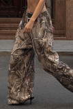 Brown Casual Graphics Print Draw String Pocket Low Waist Loose Wide Leg Pants