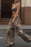 Brown Casual Graphics Print Draw String Pocket Low Waist Loose Wide Leg Pants