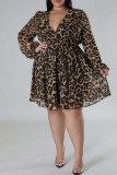 Leopard Print V Neck Long Sleeve With Belt Vacation Plus Size A Line Pleated A Line Mini Dresses