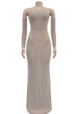 Apricot Hot Drill Sleeveless Backless Strapless Long Sleeve High Slit Evening Party Formal Wedding Bodycon Tube Maxi Dress