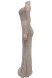 Apricot Hot Drill Sleeveless Backless Strapless Long Sleeve High Slit Evening Party Formal Wedding Bodycon Tube Maxi Dress
