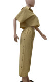 Earth Yellow Casual Turndown Collar Half Sleeve Buckle Crop Tops And Wide Leg Pants Vacation Two Pieces Trouser Sets