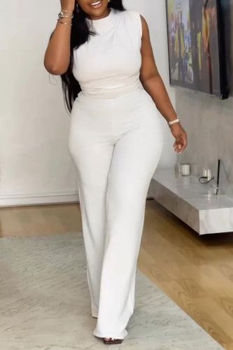 White Formal O Neck Sleeveless Regular Office Lady Vacation Palazzo Pants Wide Leg Jumpsuits