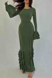 Green Formal O Neck Ruffle Sleeve Strap Design Ruffled Trim Long Evening Bodycon Maxi Dresses