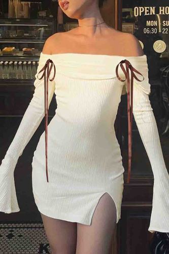 Apricot Backless Off Shoulder Flare Sleeve Slit Strap Design Lace Up Wrapped Skirt Formal Evening Party Bodycon Mini Dresses