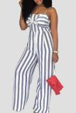 Black Casual Bow Decor Stripe Print Backless Spaghetti Strap Loose Vacation Wide Leg Jumpsuits