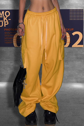 Yellow Casual Draw String Pocket Loose Low Waist Wide Leg Cargo Pants
