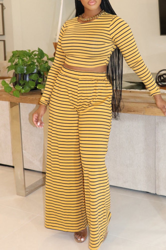 Yellow Casual Stripe Print O Neck Long Sleeve Crop Tops And Wide Leg Pants Vacation Two Pieces Trouser Sets