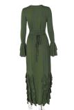 Green Formal O Neck Ruffle Sleeve Strap Design Ruffled Trim Long Evening Bodycon Maxi Dresses