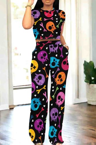 Colour Casual Graphics Print O Neck Short Sleeve Pocket Crop Tops And Wide Leg Pants Two Pieces Trouser Set