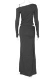 Dark Gray Formal Oblique Collar Long Sleeve Crop Tops And Maxi Skirt Evening Party Two Pieces Dress Sets