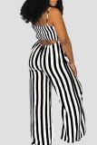 Black Casual Bow Decor Stripe Print Backless Spaghetti Strap Loose Vacation Wide Leg Jumpsuits