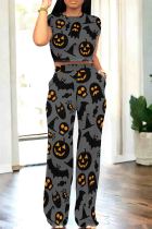 Dark Gray Casual Graphics Print O Neck Short Sleeve Pocket Crop Tops And Wide Leg Pants Two Pieces Trouser Set