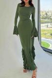 Green Formal O Neck Ruffle Sleeve Strap Design Ruffled Trim Long Evening Bodycon Maxi Dresses