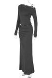 Dark Gray Formal Oblique Collar Long Sleeve Crop Tops And Maxi Skirt Evening Party Two Pieces Dress Sets