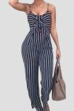 Black Casual Bow Decor Stripe Print Backless Spaghetti Strap Loose Vacation Wide Leg Jumpsuits