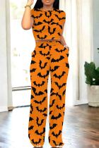 Orange Black Casual Graphics Print O Neck Short Sleeve Pocket Crop Tops And Wide Leg Pants Two Pieces Trouser Set