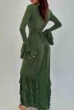 Green Formal O Neck Ruffle Sleeve Strap Design Ruffled Trim Long Evening Bodycon Maxi Dresses