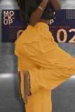 Yellow Casual Draw String Pocket Loose Low Waist Wide Leg Cargo Pants