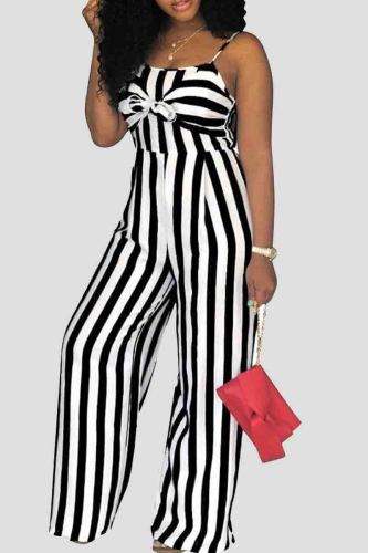Black Casual Bow Decor Stripe Print Backless Spaghetti Strap Loose Vacation Wide Leg Jumpsuits