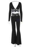 Black Formal Deep V Neck Long Sleeve Hollow Out Lace Up Crop Tops And Skinny Pants Evening Party Two Pieces Trouser Sets