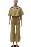 Earth Yellow Casual Turndown Collar Half Sleeve Buckle Crop Tops And Wide Leg Pants Vacation Two Pieces Trouser Sets
