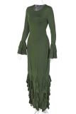 Green Formal O Neck Ruffle Sleeve Strap Design Ruffled Trim Long Evening Bodycon Maxi Dresses