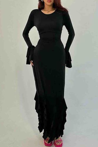 Black Formal O Neck Ruffle Sleeve Strap Design Ruffled Trim Long Evening Bodycon Maxi Dresses