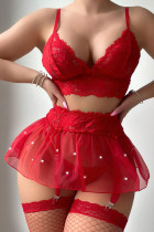 Red Sexy Lace Up See-Through Backless Lace Mesh Ruffle Hem Bikini Sets Lingeriex
