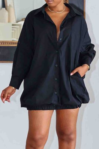Black Casual Turndown Collar Long Sleeve Pocket Buckle Straight Vacation Mini Shirt Dresses