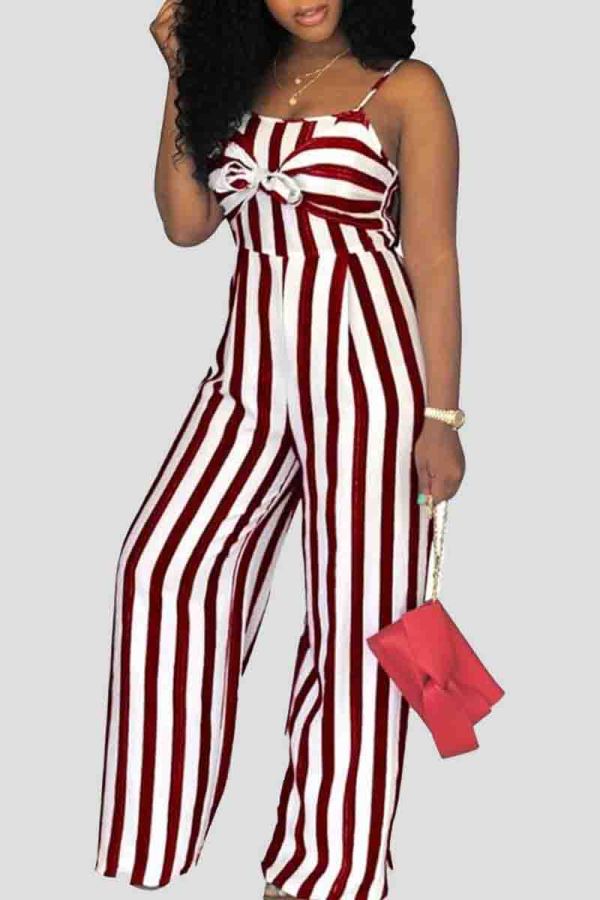 Red Casual Bow Decor Stripe Print Backless Spaghetti Strap Loose Vacation Wide Leg Jumpsuits