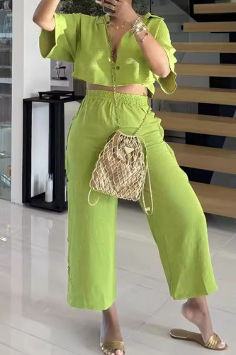 Green Casual Turndown Collar Half Sleeve Buckle Crop Tops And Wide Leg Pants Vacation Two Pieces Trouser Sets