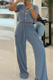 Tangerine Red Casual Turndown Collar Short Sleeve Buttons Crop Blouse And Wide Leg Pants Vacation Two Pieces Trouser Sets