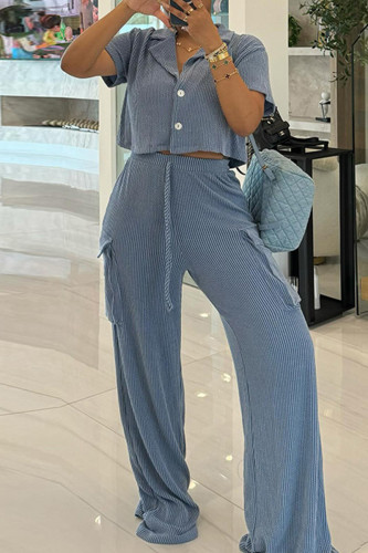 Grey Casual Turndown Collar Short Sleeve Buttons Crop Blouse And Wide Leg Pants Vacation Two Pieces Trouser Sets
