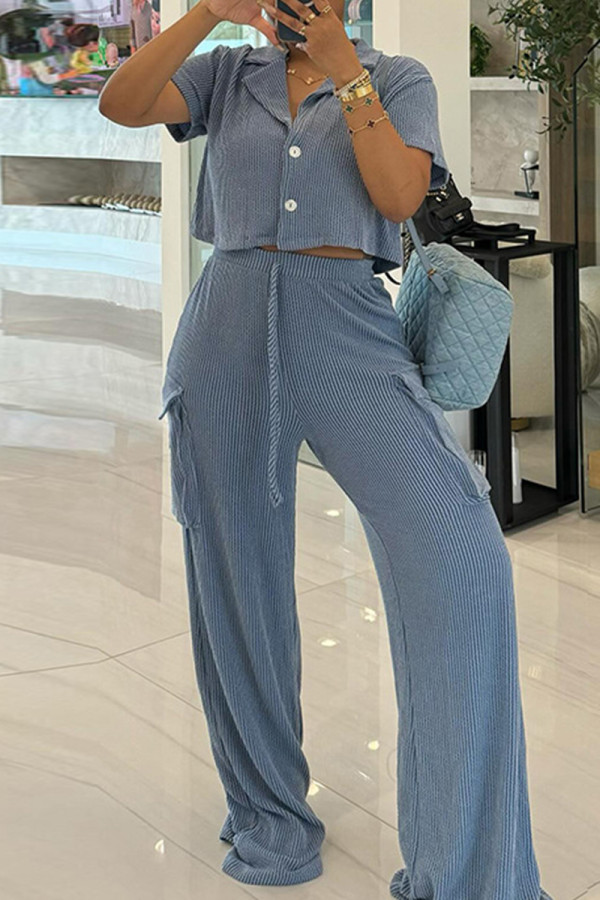 Grey Casual Turndown Collar Short Sleeve Buttons Crop Blouse And Wide Leg Pants Vacation Two Pieces Trouser Sets