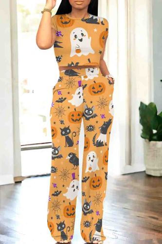 Light Orange Casual Graphics Print O Neck Short Sleeve Pocket Crop Tops And Wide Leg Pants Two Pieces Trouser Set