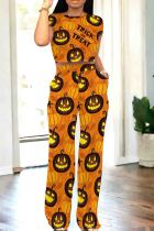 Orange Casual Graphics Print O Neck Short Sleeve Pocket Crop Tops And Wide Leg Pants Two Pieces Trouser Set