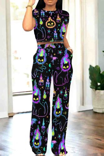 Blue Purple Casual Graphics Print O Neck Short Sleeve Pocket Crop Tops And Wide Leg Pants Two Pieces Trouser Set