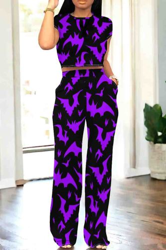 Black Purple Casual Graphics Print O Neck Short Sleeve Pocket Crop Tops And Wide Leg Pants Two Pieces Trouser Set