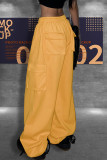Yellow Casual Draw String Pocket Loose Low Waist Wide Leg Cargo Pants