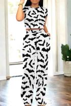Black And White Casual Graphics Print O Neck Short Sleeve Pocket Crop Tops And Wide Leg Pants Two Pieces Trouser Set