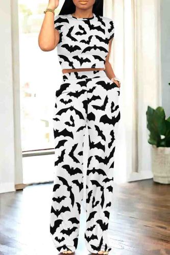 Black And White Casual Graphics Print O Neck Short Sleeve Pocket Crop Tops And Wide Leg Pants Two Pieces Trouser Set