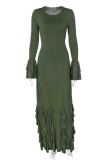 Green Formal O Neck Ruffle Sleeve Strap Design Ruffled Trim Long Evening Bodycon Maxi Dresses