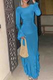 Green Formal O Neck Ruffle Sleeve Strap Design Ruffled Trim Long Evening Bodycon Maxi Dresses