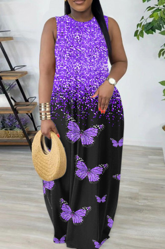 Purple Black Graphics Print Backless Spaghetti Strap Floor Length Vacation Baggy Sundress Maxi Tank Dress