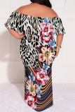 Dark Blue Casual Floral Print Off Shoulder Flutter Sleeve Long Loose Vacation Plus Size Maxi Dresses