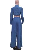 Blue Casual Turndown Collar Long Sleeve Strap Design Pocket Denim Front Tie Crop Blouse And Wide Leg Pants Vacation Two Pieces Trouser Sets