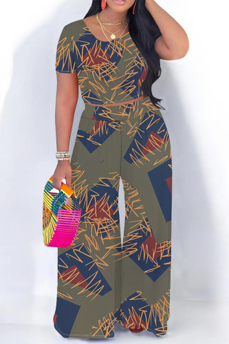 Army Green Geometric Print O Neck Short Sleeve Pocket Crop Tops And Wide Leg Pants Two Pieces Trouser Set