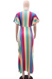Multicolor Stripe Print O Neck Ruffle Sleeve Front Tie Strap Design Long Vacation Maxi Dresses